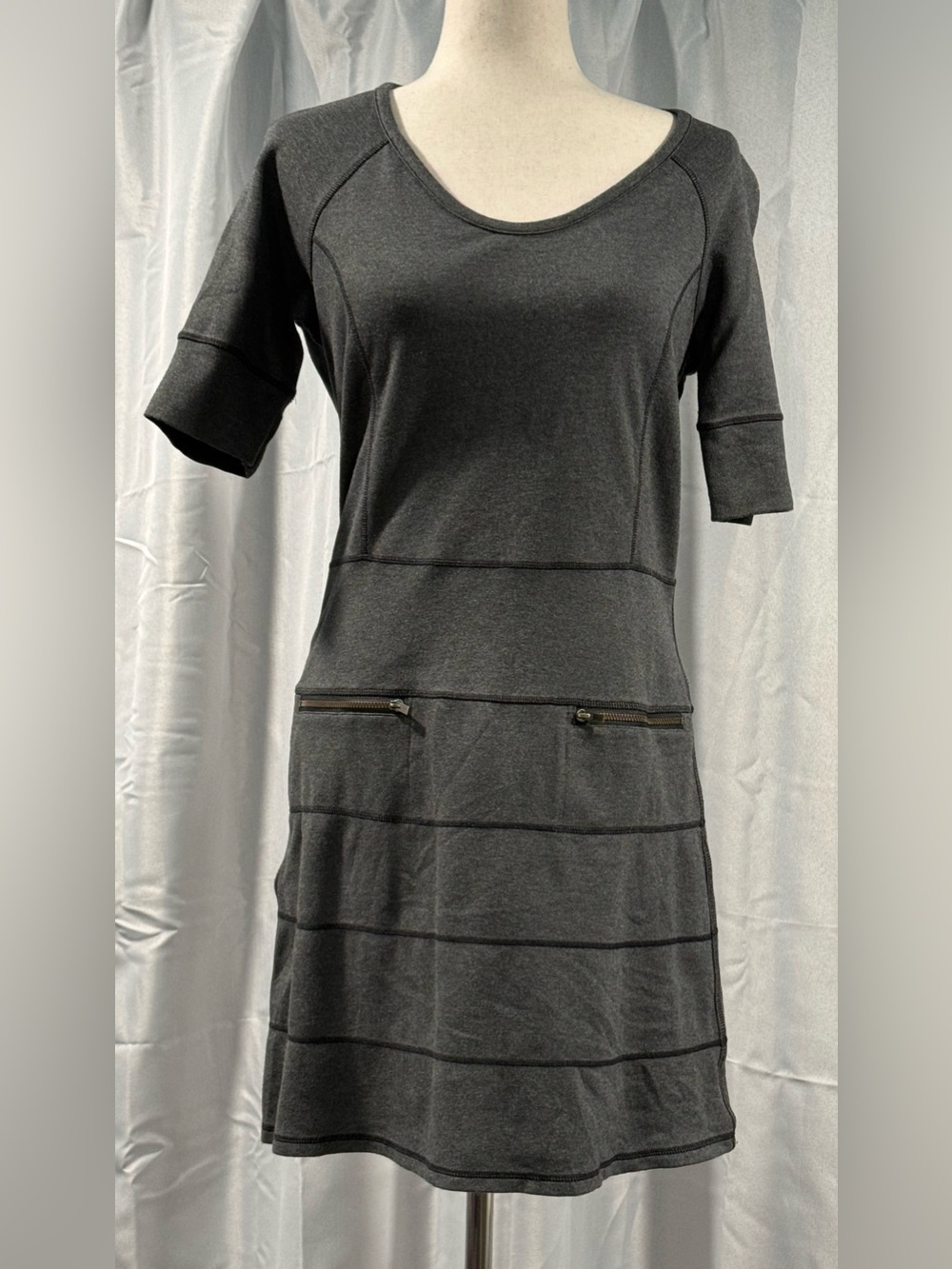 Athleta Charcoal Short-Sleeve Knit Dress with Zip Pockets